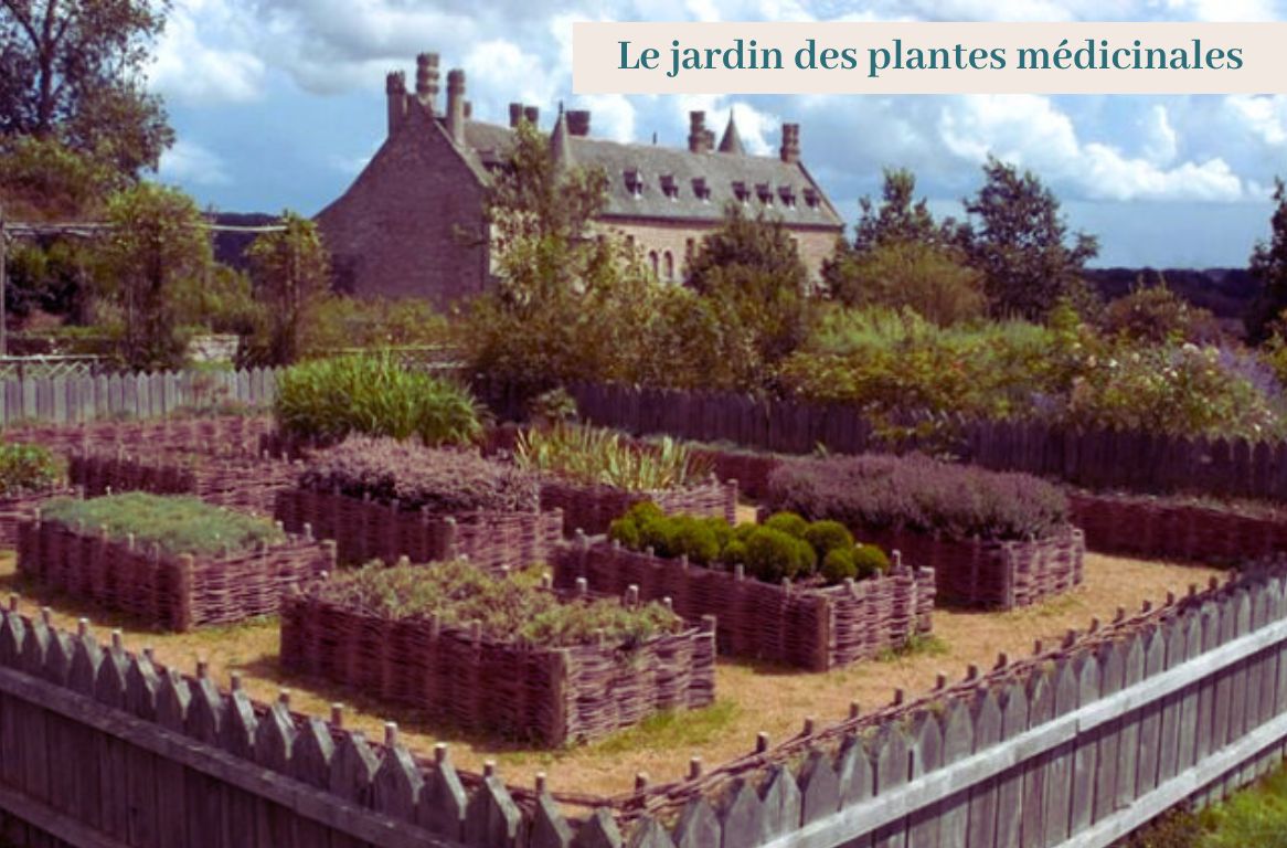 Jardin-medicinal-chateau-Roche-Jagu Jardin des plantes médicinales du château de la Roche Jagu, avec ses parcelles tressées en osier, à proximité de la ferme de Kerloury, en Bretagne.